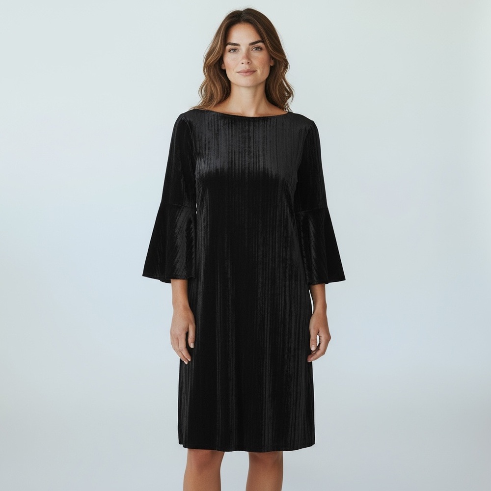 Garnet‎ Hill Womens Black Velvet Plisse Lined Crinkle Silk Tunic Dress Sz 8
